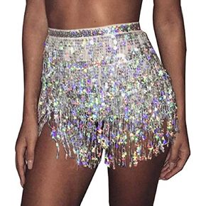 REETAN Boho Belly Skirt Sequins Belly Hip Scarf Tassel Fringe Skirt Rave Party Dance Performance Costume for Women and Girls