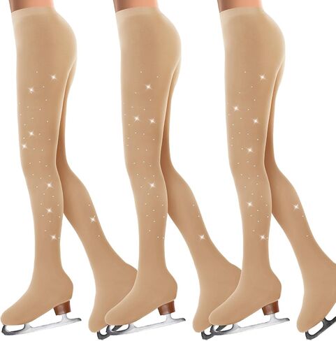 Ramede 3 Pcs Figure Skating Tights for Kids Rhinestones Ice Skate over the Boot Tights Tan Crystal Figure Skate Tights Girls Women Figure Skating Ballet Dance in Saudi Arabia