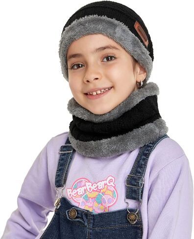 مجموعة قبعة ووشاح منسوجة للشتاء للأطفال والأولاد والبنات مع بطانة من الصوف in Kuwait