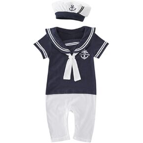 Evelin LEE Baby Infant Boy Short Sleeve Sailor Jumpsuit Romper&Hat Summer Outfits in Kuwait