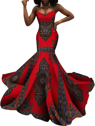 iooiooi Strapless Sexy Floor-Length Dresses African Wedding Wax Cotton Dress in Kuwait