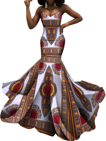 iooiooi Strapless Sexy Floor-Length Dresses African Wedding Wax Cotton Dress in Kuwait