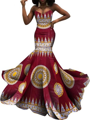 iooiooi Strapless Sexy Floor-Length Dresses African Wedding Wax Cotton Dress in Kuwait