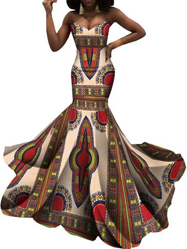 iooiooi Strapless Sexy Floor-Length Dresses African Wedding Wax Cotton Dress in Kuwait