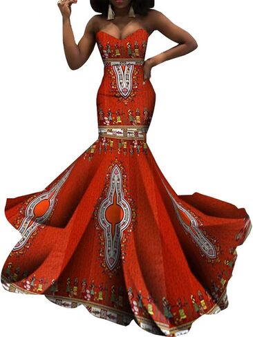 iooiooi Strapless Sexy Floor-Length Dresses African Wedding Wax Cotton Dress in Kuwait
