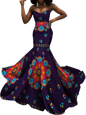 iooiooi Strapless Sexy Floor-Length Dresses African Wedding Wax Cotton Dress in Kuwait