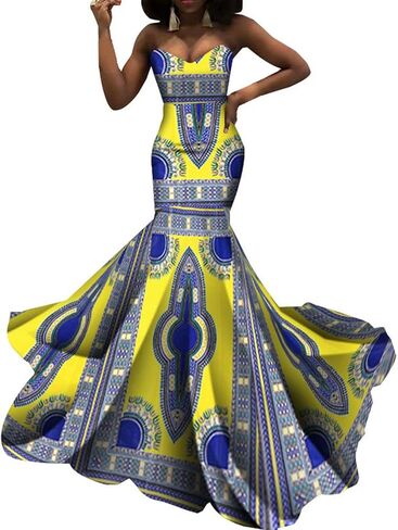 iooiooi Strapless Sexy Floor-Length Dresses African Wedding Wax Cotton Dress in Kuwait