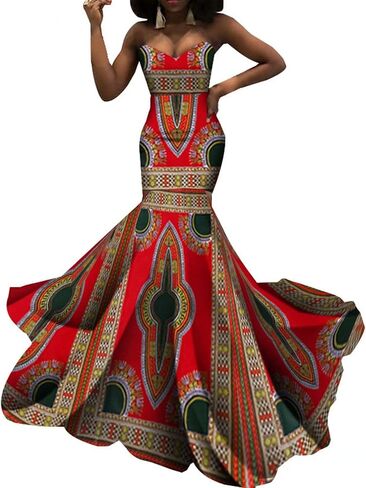 iooiooi Strapless Sexy Floor-Length Dresses African Wedding Wax Cotton Dress in Kuwait