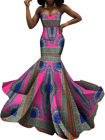 iooiooi Strapless Sexy Floor-Length Dresses African Wedding Wax Cotton Dress in Kuwait
