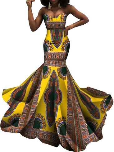 iooiooi Strapless Sexy Floor-Length Dresses African Wedding Wax Cotton Dress in Kuwait