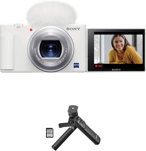 Sony ZV-1 Compact 4K HD Camera, White ACCVC1 Vlogger Accessory Kit with Wireless Bluetooth Grip/Tripod (GP-VPT2 BT) and 64GB UHS-II SD Card (SF-E64/T1) in Saudi Arabia