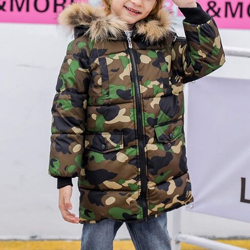 Evelin LEE Kids Boys Girls Faux Fur Hooded Jacket Coat Camo Print Zip Up Winter Warm Outwear Coat in Saudi Arabia
