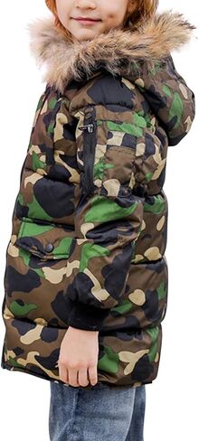 Evelin LEE Kids Boys Girls Faux Fur Hooded Jacket Coat Camo Print Zip Up Winter Warm Outwear Coat in Saudi Arabia