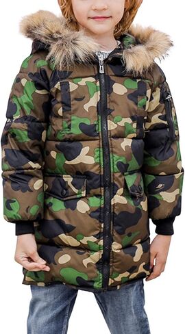 Evelin LEE Kids Boys Girls Faux Fur Hooded Jacket Coat Camo Print Zip Up Winter Warm Outwear Coat in Saudi Arabia