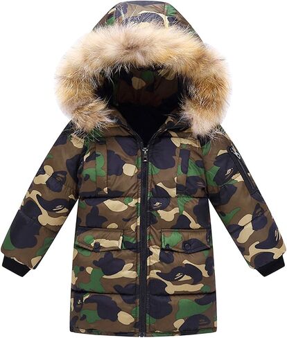 Evelin LEE Kids Boys Girls Faux Fur Hooded Jacket Coat Camo Print Zip Up Winter Warm Outwear Coat in Saudi Arabia