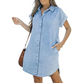 KDF Denim Shirt Dress Women - Denim Dress for Women with Pockets Denim Button Down Shirt Dresses for Women Summer 2023