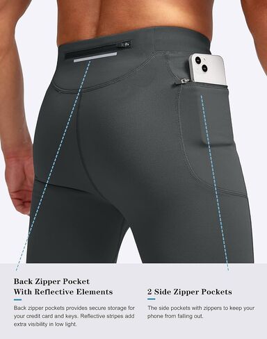 Pudolla Men's Thermal Running Tights with 3 Zipper Pockets Workout Compression Leggings Cycling Pants for Men Hiking Jogging in Kuwait