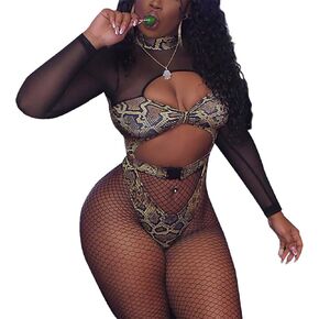 RARITYUS Women Rave Snakeskin Front Buckle Sheer Bodysuit Halterneck Swimsuit Long Sleeve for Dance Party Clubwear