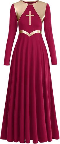 IBAKOM Womens Liturgical Praise Lyrical Dance Dress Loose Fit Full Length Long Sleeve Metallic Worship Costume Ballet in Kuwait