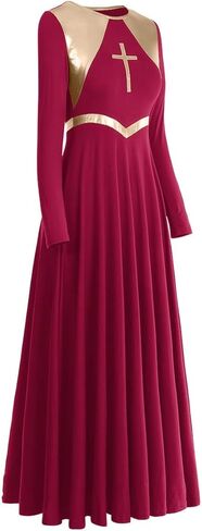 IBAKOM Womens Liturgical Praise Lyrical Dance Dress Loose Fit Full Length Long Sleeve Metallic Worship Costume Ballet in Kuwait