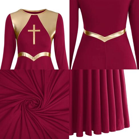 IBAKOM Womens Liturgical Praise Lyrical Dance Dress Loose Fit Full Length Long Sleeve Metallic Worship Costume Ballet in Kuwait