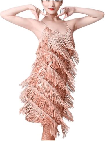 Women Salsa Latin Dance Dress Sequin Tassel Fringe Flapper Dress 1920s Gatsby Cocktail Dress Tango Ballroom Dancing Costume in Kuwait