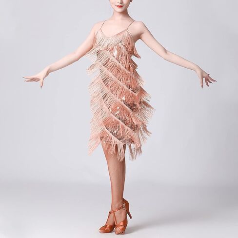 Women Salsa Latin Dance Dress Sequin Tassel Fringe Flapper Dress 1920s Gatsby Cocktail Dress Tango Ballroom Dancing Costume in Kuwait