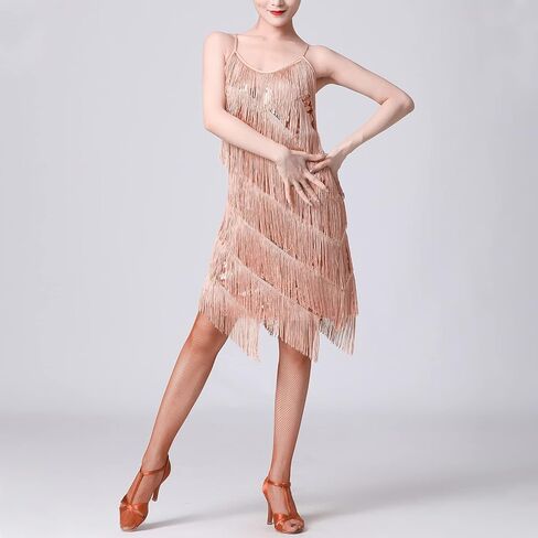 Women Salsa Latin Dance Dress Sequin Tassel Fringe Flapper Dress 1920s Gatsby Cocktail Dress Tango Ballroom Dancing Costume in Kuwait