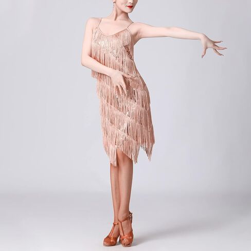 Women Salsa Latin Dance Dress Sequin Tassel Fringe Flapper Dress 1920s Gatsby Cocktail Dress Tango Ballroom Dancing Costume in Kuwait