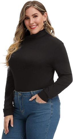 Women Plus Size Long Sleeve Mock Neck Lightweight Pullover Slim Shirt Tops in Saudi Arabia