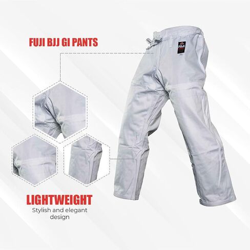 سراويل FUJI GI - سراويل جيو جيتسو برازيلية للبالغين مع أربطة مسطحة - سراويل BJJ وG طويلة الأمد للتدريب والمنافسة، أبيض، مقاس A0 in Kuwait