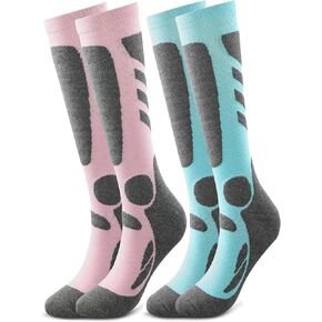 جوارب تزلج للسيدات من BelieverWA للتزلج والتزحلق على الجليد والرياضات الخارجية، عبوة من قطعتين، جوارب شتوية للأداء، وردي، أزرق، 4-10 in Kuwait