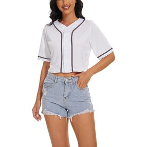Women's Crop Top Baseball Jersey Button Down V-Neck Short Sleeve T-Shirt Girls Cute Summer Tops Softball Shirt