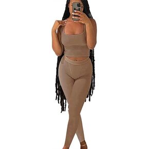 ZFLM Casual Workout Sets Two Piece Outfits for Women Ribbed Crop Tank Top High Waist Yoga Leggings Active Wear