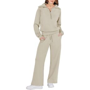 Caracilia Women Two Piece Outfits Sweatsuit Set Quarter Zip Oversized Sweatshirt Wide Leg Sweatpant Fall Lounge Set Tracksuit