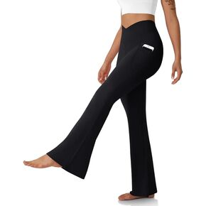 DLOODA Women's Flare Leggings with Pockets-Crossover High Waisted Bootcut Yoga Pants-Tummy Control Bell Bottom Leggings