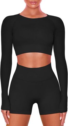 Buttergene Women Workout Sets 2 Pieces Long Sleeve Yoga Outfits Gym Clothes Seamless Ribbed Crop Top High Waist Leggings in Saudi Arabia