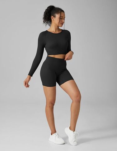 Buttergene Women Workout Sets 2 Pieces Long Sleeve Yoga Outfits Gym Clothes Seamless Ribbed Crop Top High Waist Leggings in Saudi Arabia