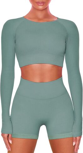 Buttergene Women Workout Sets 2 Pieces Long Sleeve Yoga Outfits Gym Clothes Seamless Ribbed Crop Top High Waist Leggings in Saudi Arabia