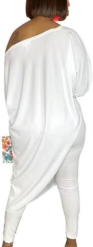 Chatinction Womens Casual 2 Piece Outfit Loose Off Shoulder Irregular Hem Tunic Top Bodycon Pants Tracksuits Set in Saudi Arabia