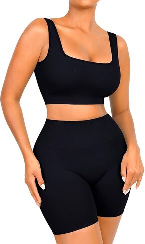 FeelinGirl Workout Sets for Women 2 Piece Outfits Seamless Ribbed Sport Bra High Waist Shorts Reg & Plus Size in Kuwait