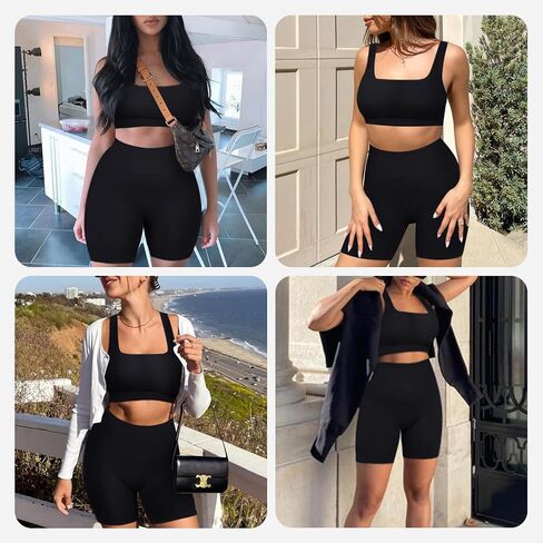 FeelinGirl Workout Sets for Women 2 Piece Outfits Seamless Ribbed Sport Bra High Waist Shorts Reg & Plus Size in Kuwait