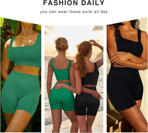 FeelinGirl Workout Sets for Women 2 Piece Outfits Seamless Ribbed Sport Bra High Waist Shorts Reg & Plus Size in Kuwait