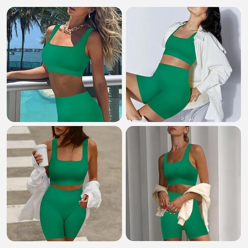 FeelinGirl Workout Sets for Women 2 Piece Outfits Seamless Ribbed Sport Bra High Waist Shorts Reg & Plus Size in Kuwait
