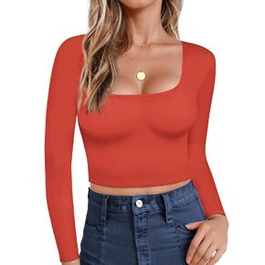 Ekouaer Womens Long Sleeve Shirts Square Neck Slim Fit Crop Tops Thermal Cotton T Shirt Basic Stretchy Tee S-XXL in Saudi Arabia