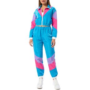 Yisfri Womens Color Block 2 Piece Windbreaker Outfits Long Sleeve Zip Front Crop Top Tracksuit Set