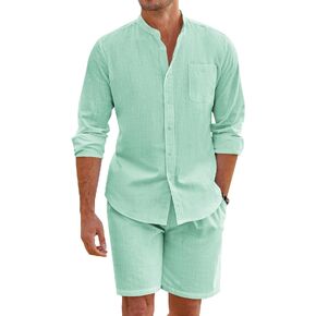 COOFANDY Linen Sets For Men 2 Piece Button Down Shirt Long Sleeve and Casual Beach Drawstring Waist Shorts Summer Outfits