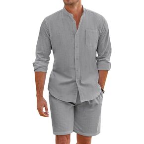 COOFANDY Linen Sets For Men 2 Piece Button Down Shirt Long Sleeve and Casual Beach Drawstring Waist Shorts Summer Outfits
