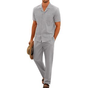 TURETRENDY Men Linen Sets Outfits 2 Piece Beach Button Down Embroidery Shirt Casual Loose Pant Sets