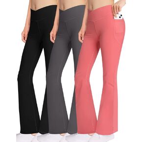 Girls Bootcut Yoga Pants with Pockets - V Cross High Waist Flare Workout Dance Leggings for Teen Girls